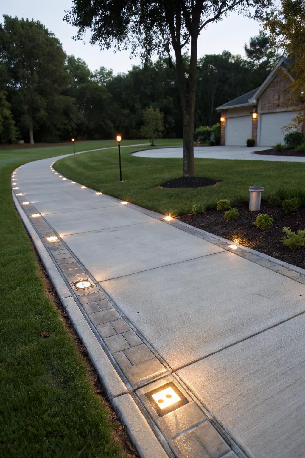 Elegant lighting features that illuminate and beautify this driveway.