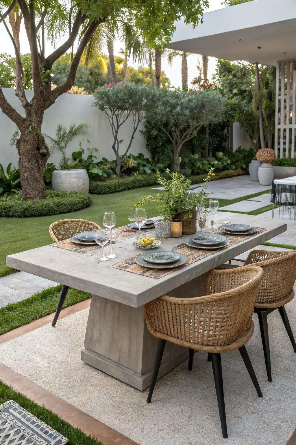 Concrete tables are ideal for outdoor dining.