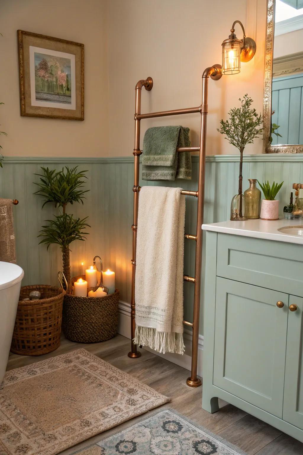 Copper towel warmers provide comfort and style.