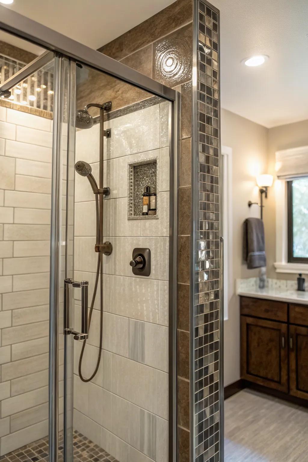 Metallic accents add glamour and sophistication to your shower.