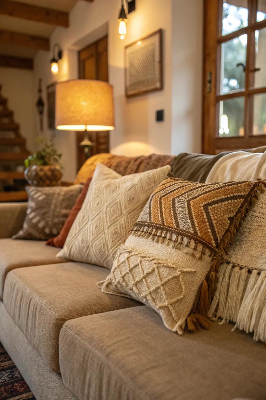 Rustic pillows provide a warm, earthy feel to the room.