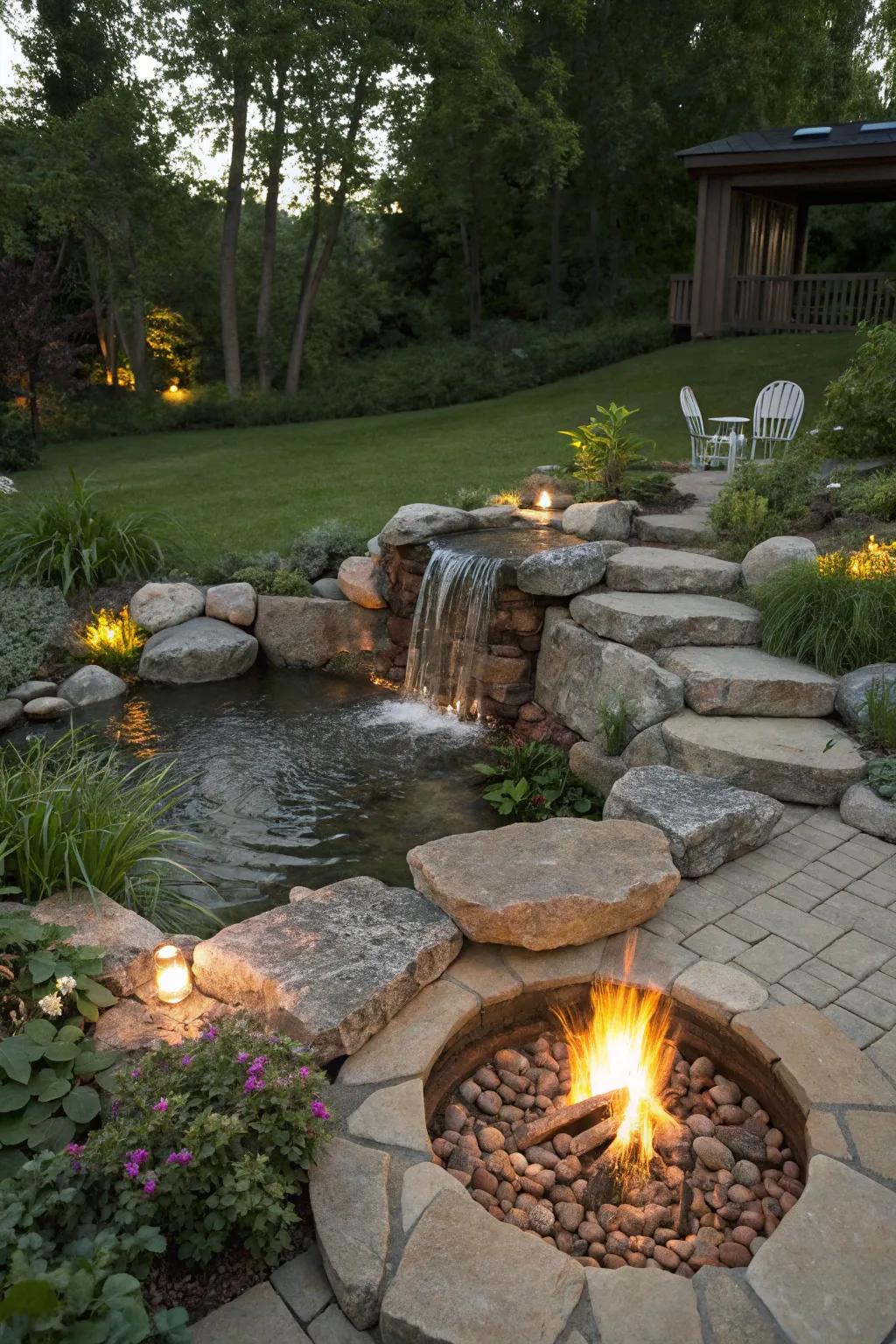 Fire and water come together to create a serene backyard retreat.