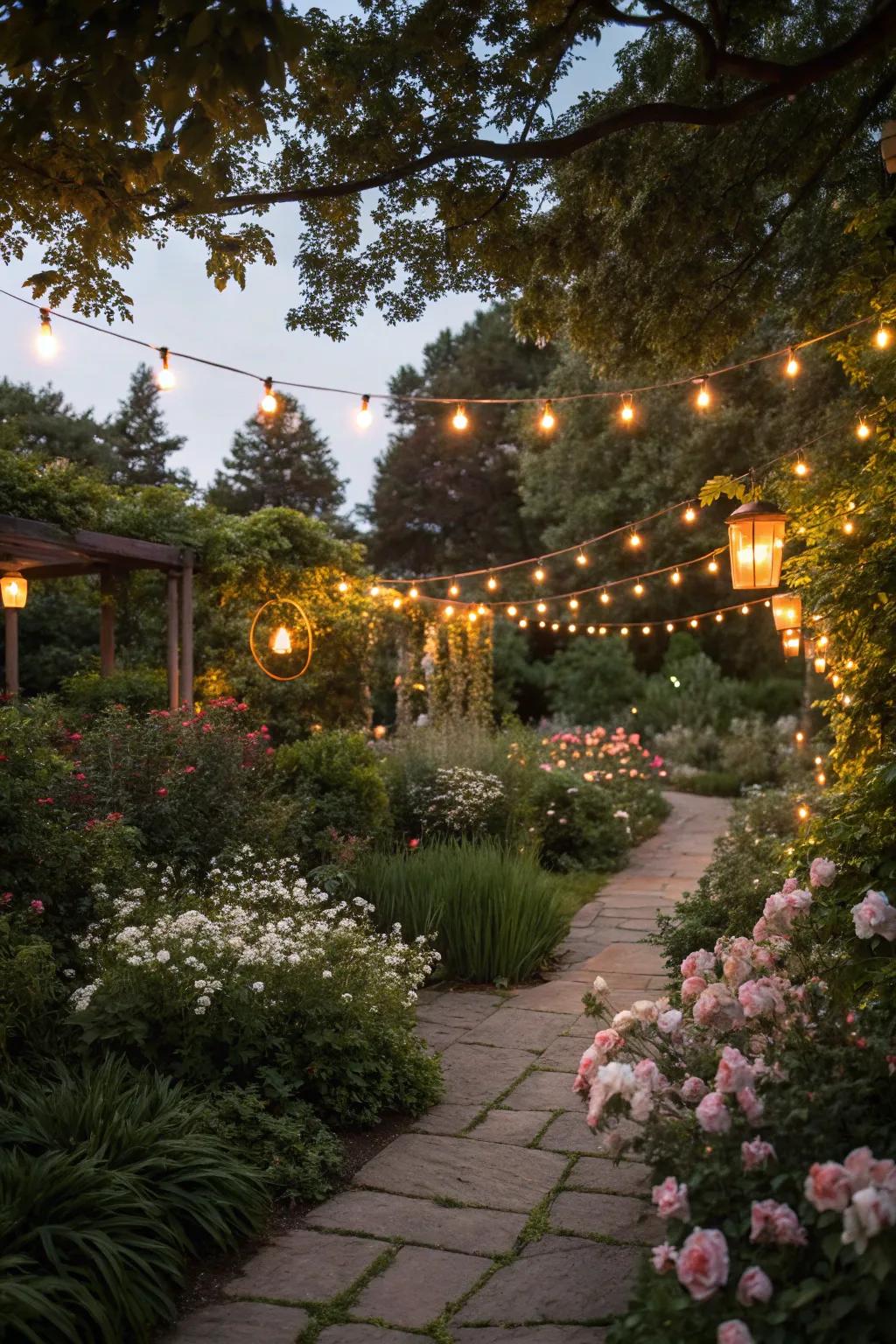 Garden lighting creates a magical evening ambiance.