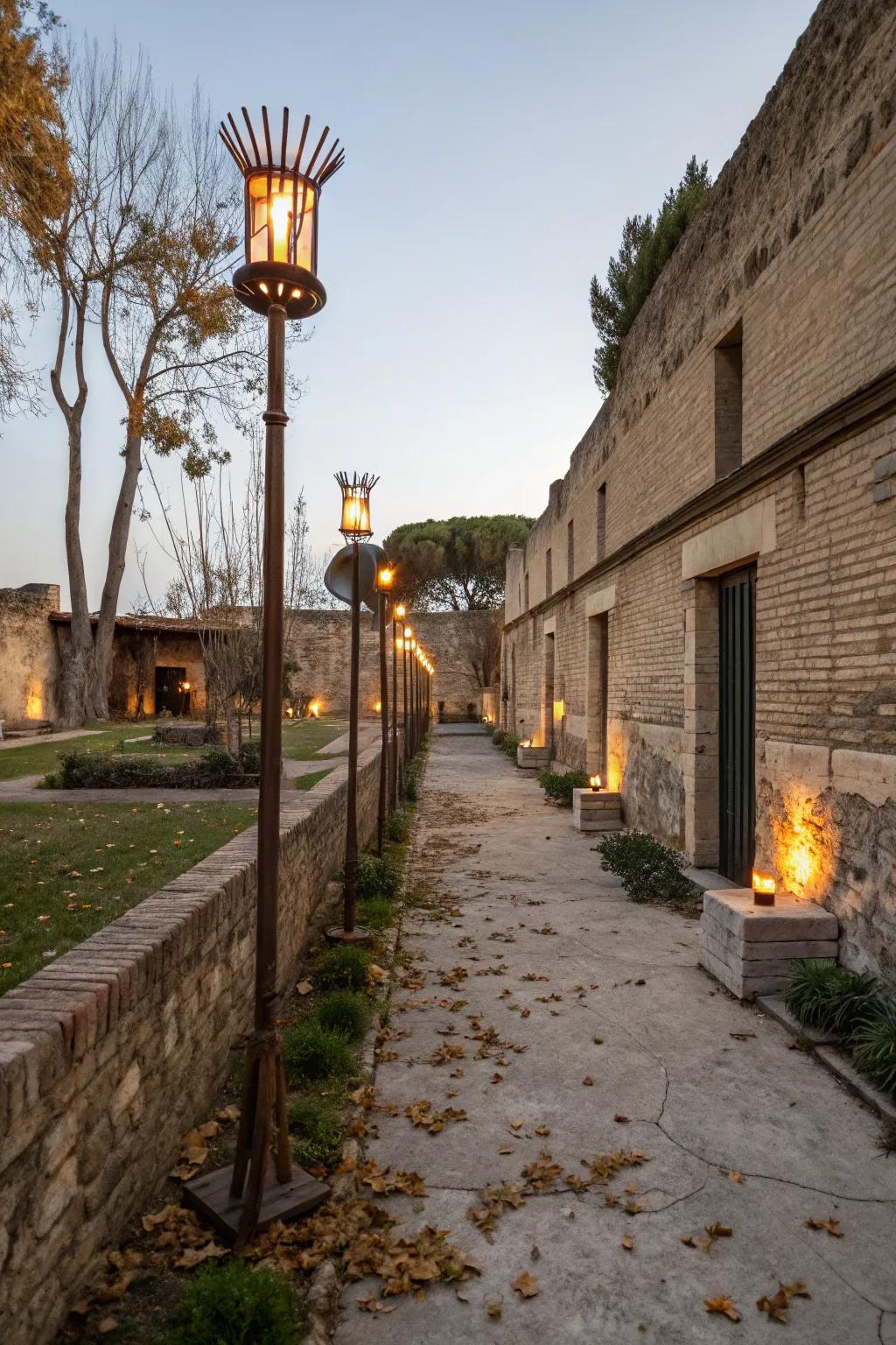 Rustic torches add an adventurous feel to the courtyard.