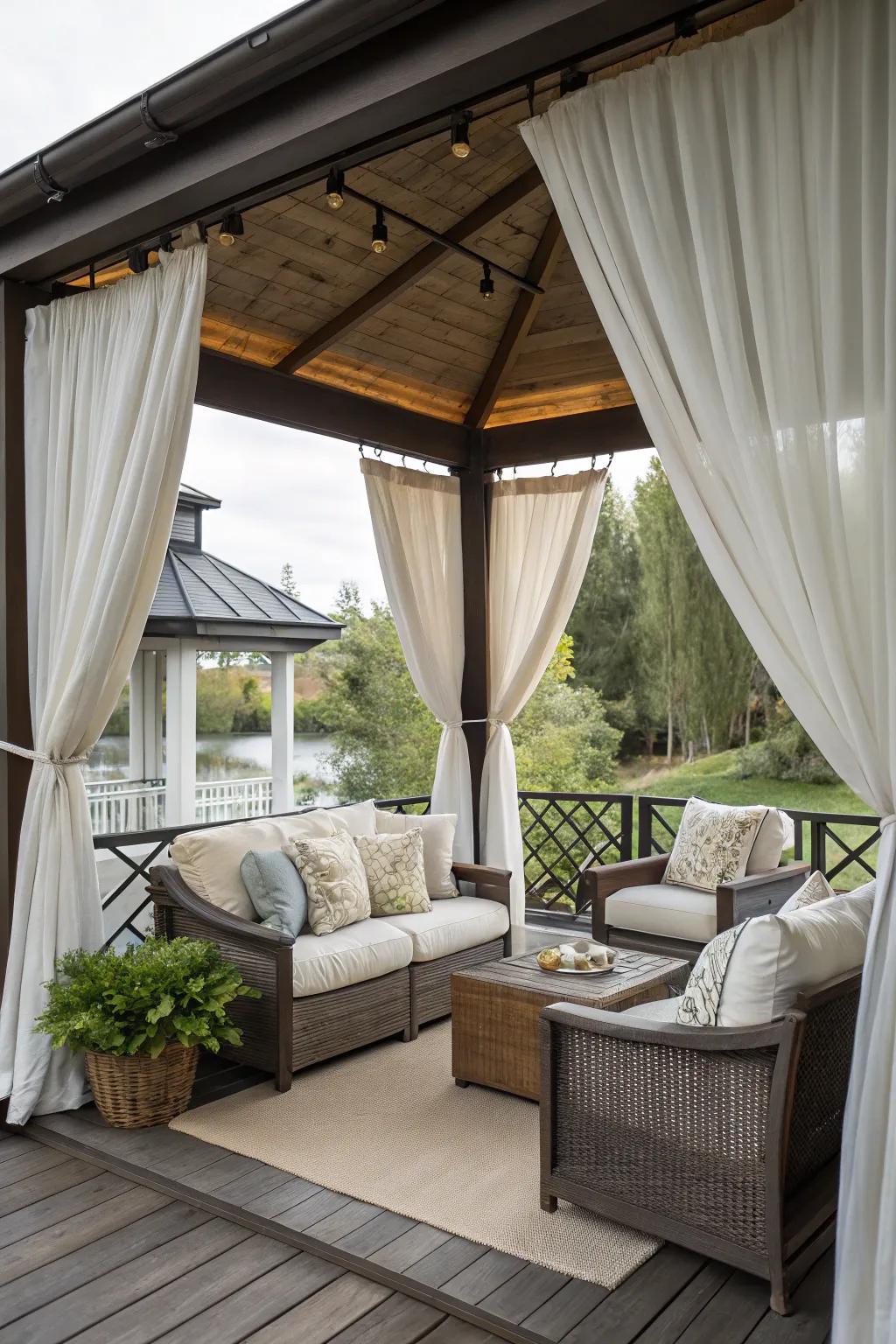 Curtains and cushions turn your deck into a luxurious cabana retreat.