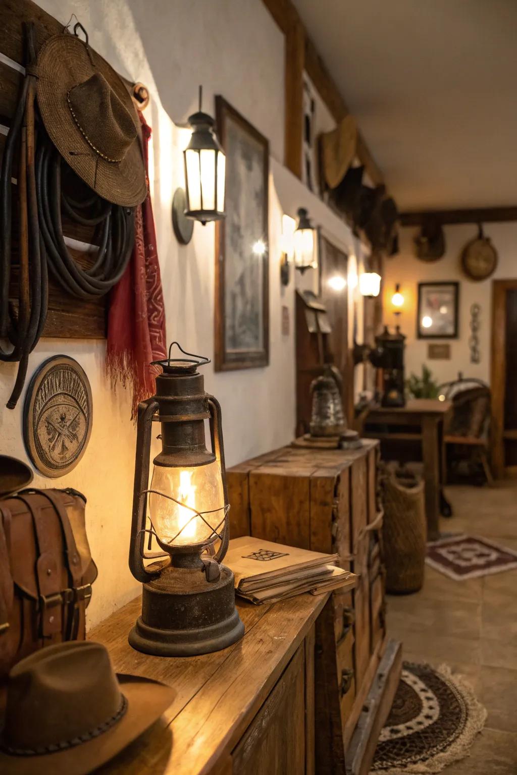 Vintage lanterns add authentic rustic charm.