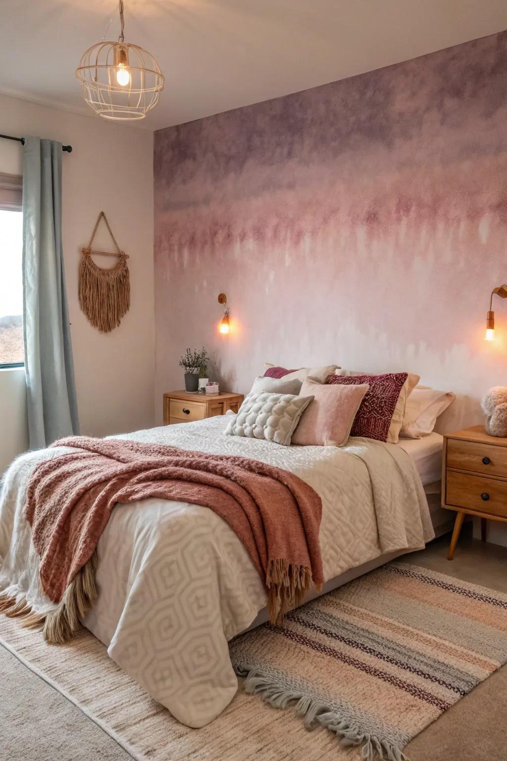 A cozy bedroom featuring ombre wallpaper for a unique touch.