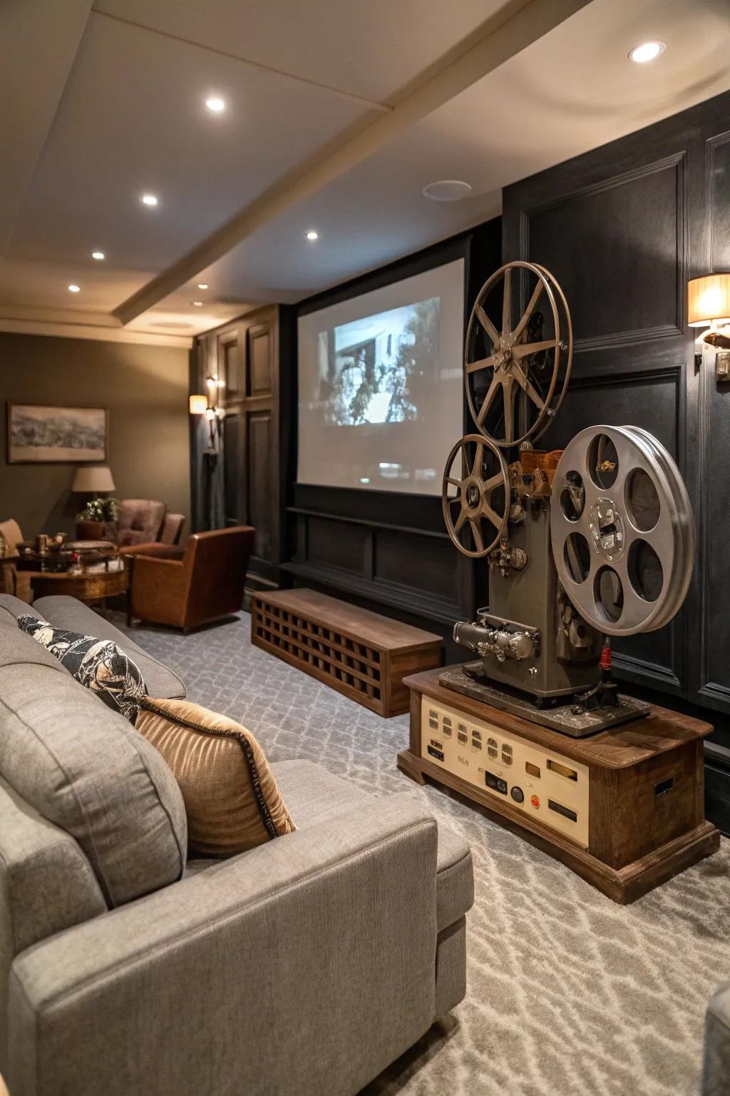 Vintage accents like film reels add nostalgic charm to your cinema room.