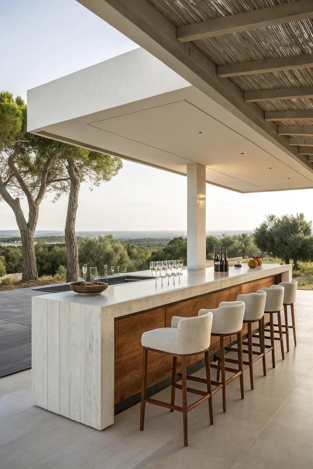 A minimalist design creates a serene outdoor bar setting.