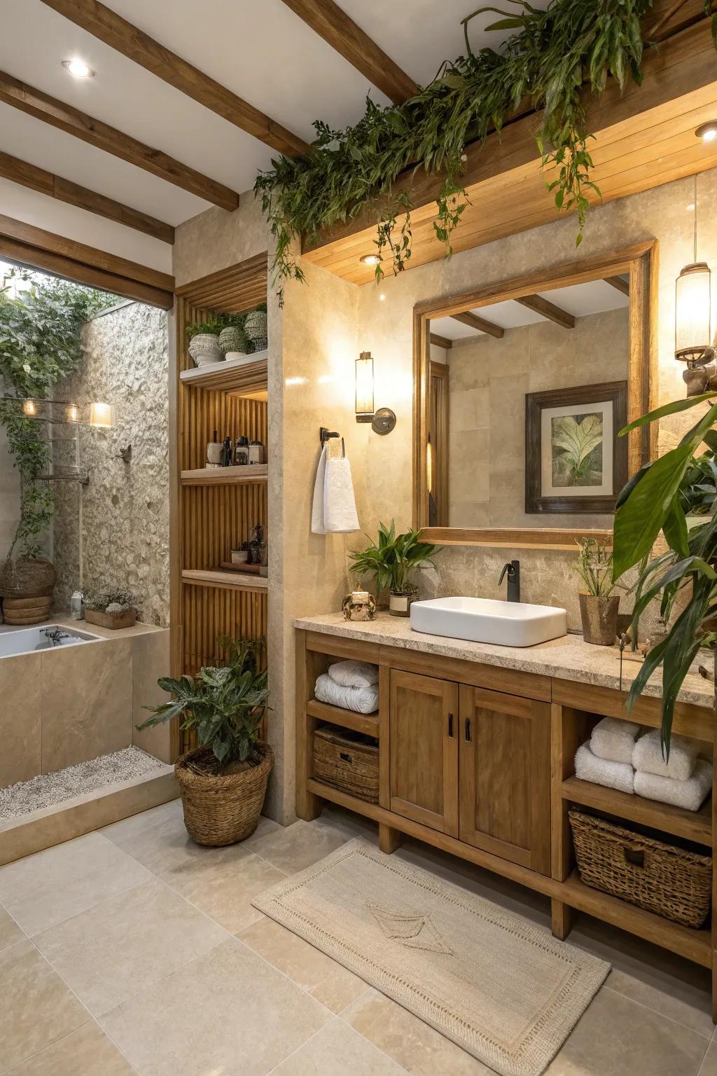 Natural elements bring life to a crema marfil bathroom.