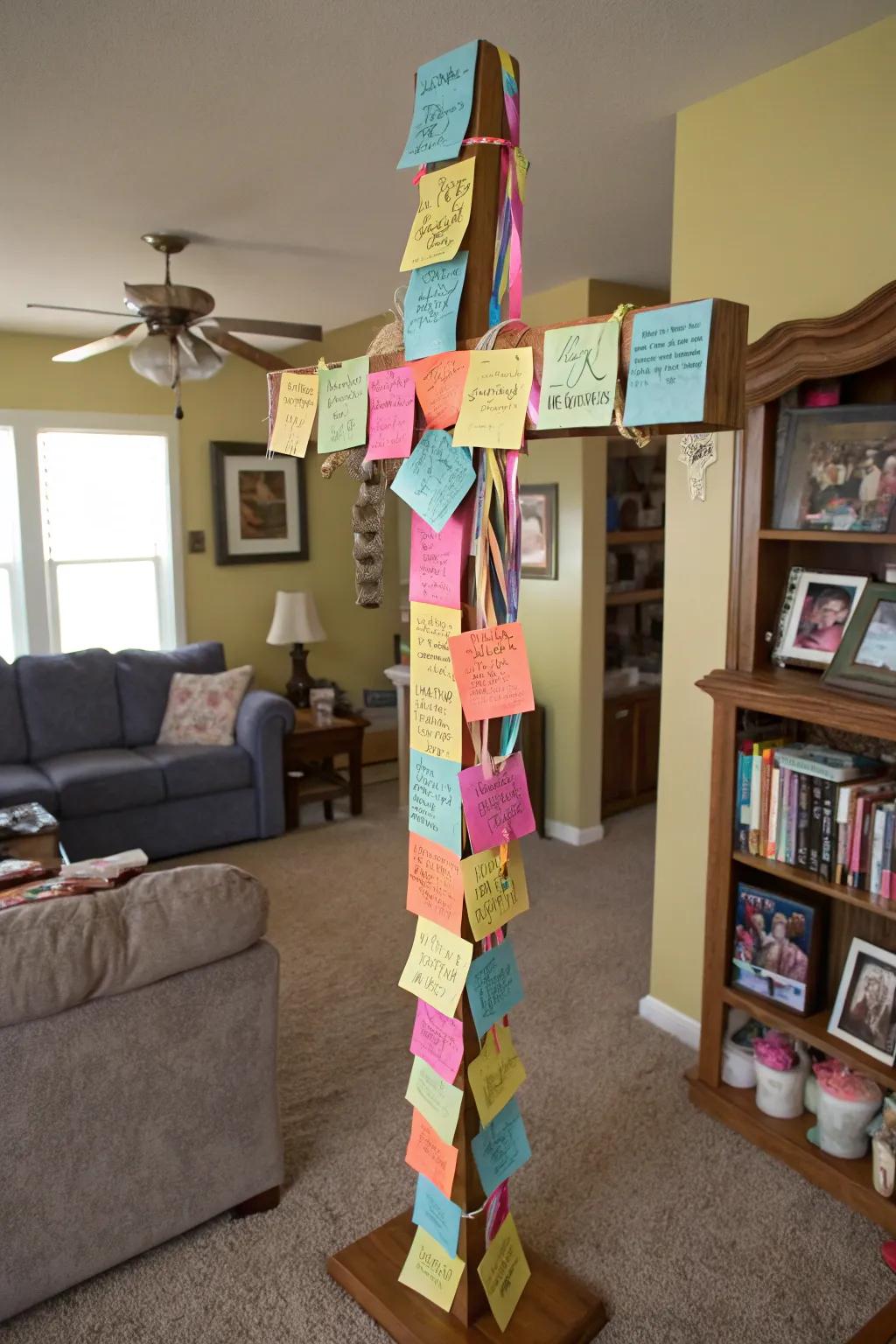Cross adorned with personal messages and notes