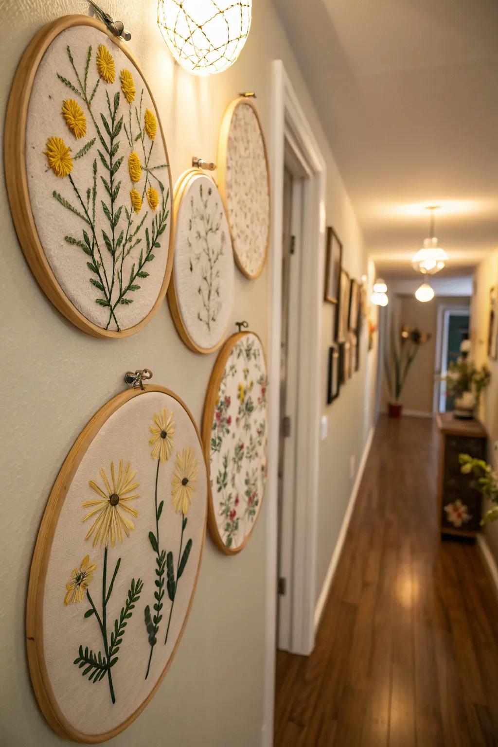 Embroidery hoop art adds handmade elegance.