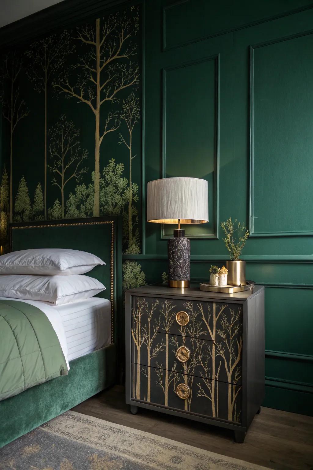 A dark green bedroom with sleek deep forest nightstands enhancing the sophisticated vibe.