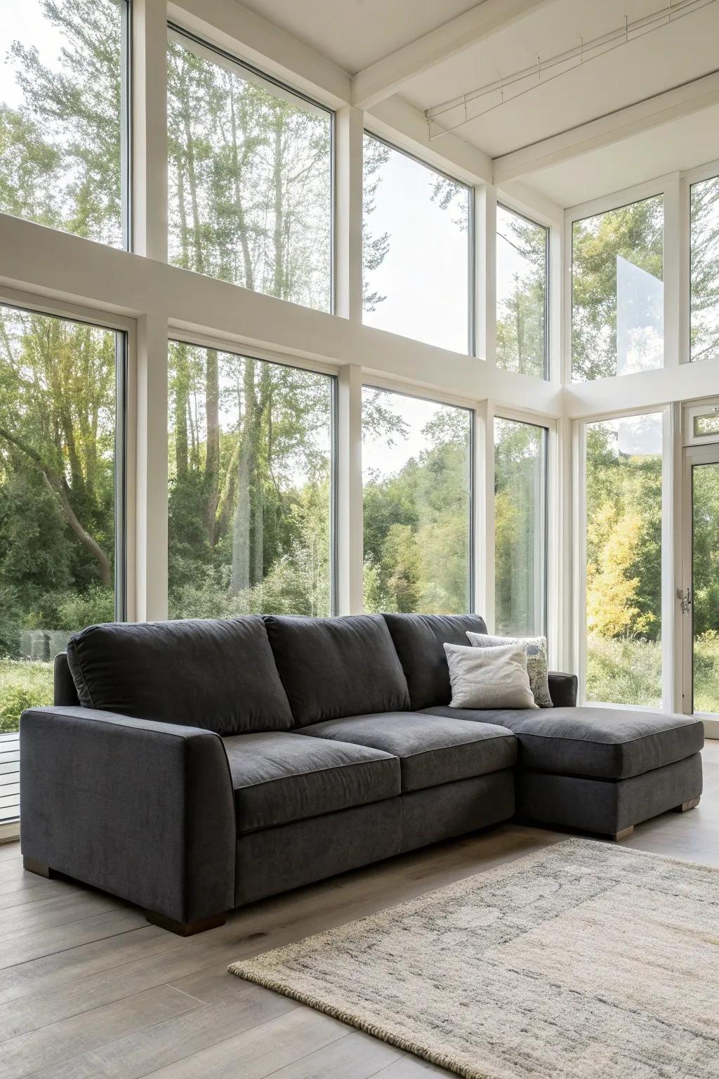 Expansive windows bring light and openness to the space.