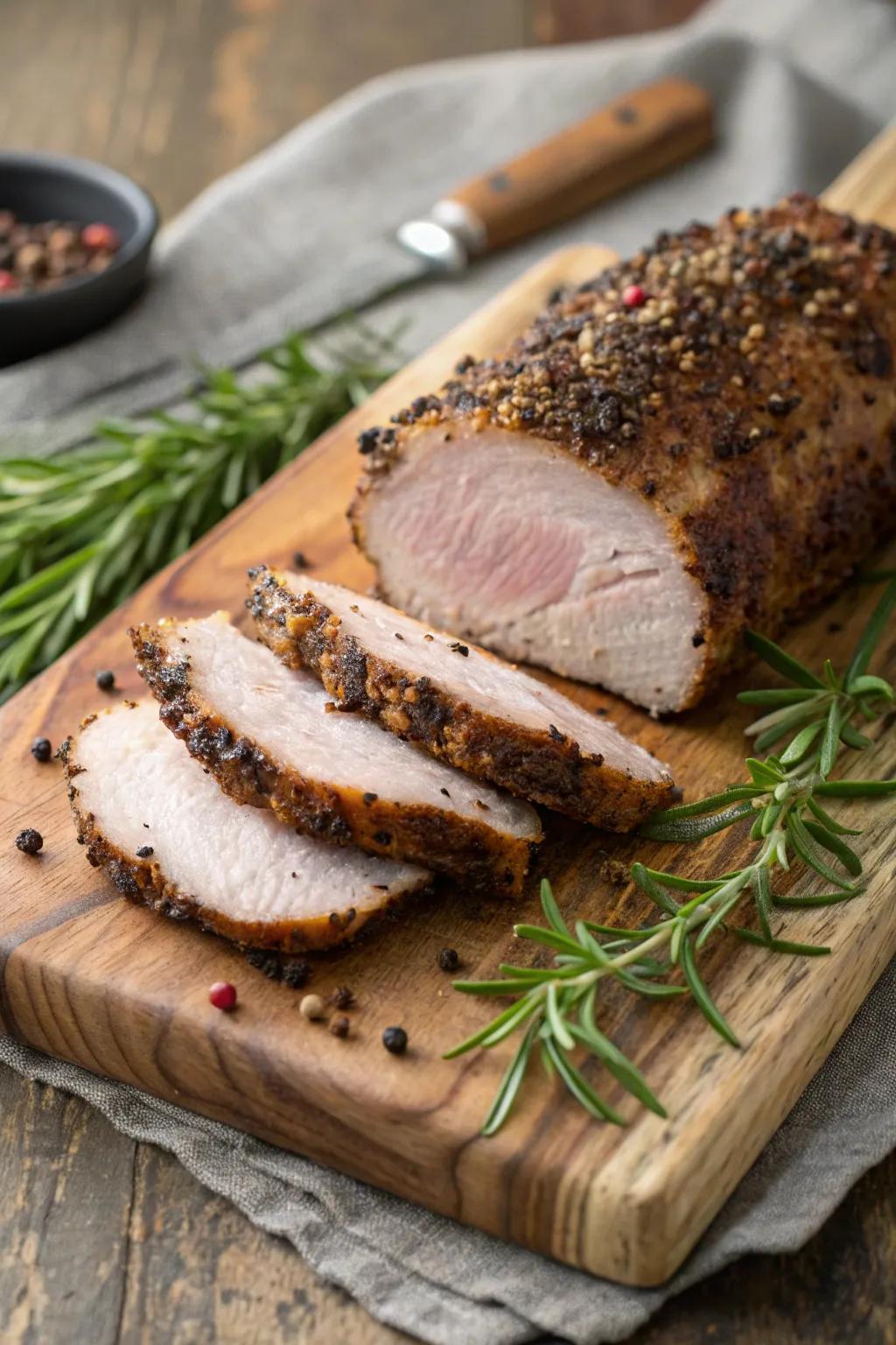 Peppercorn-crusted pork loin, a flavorful and hearty December dish.