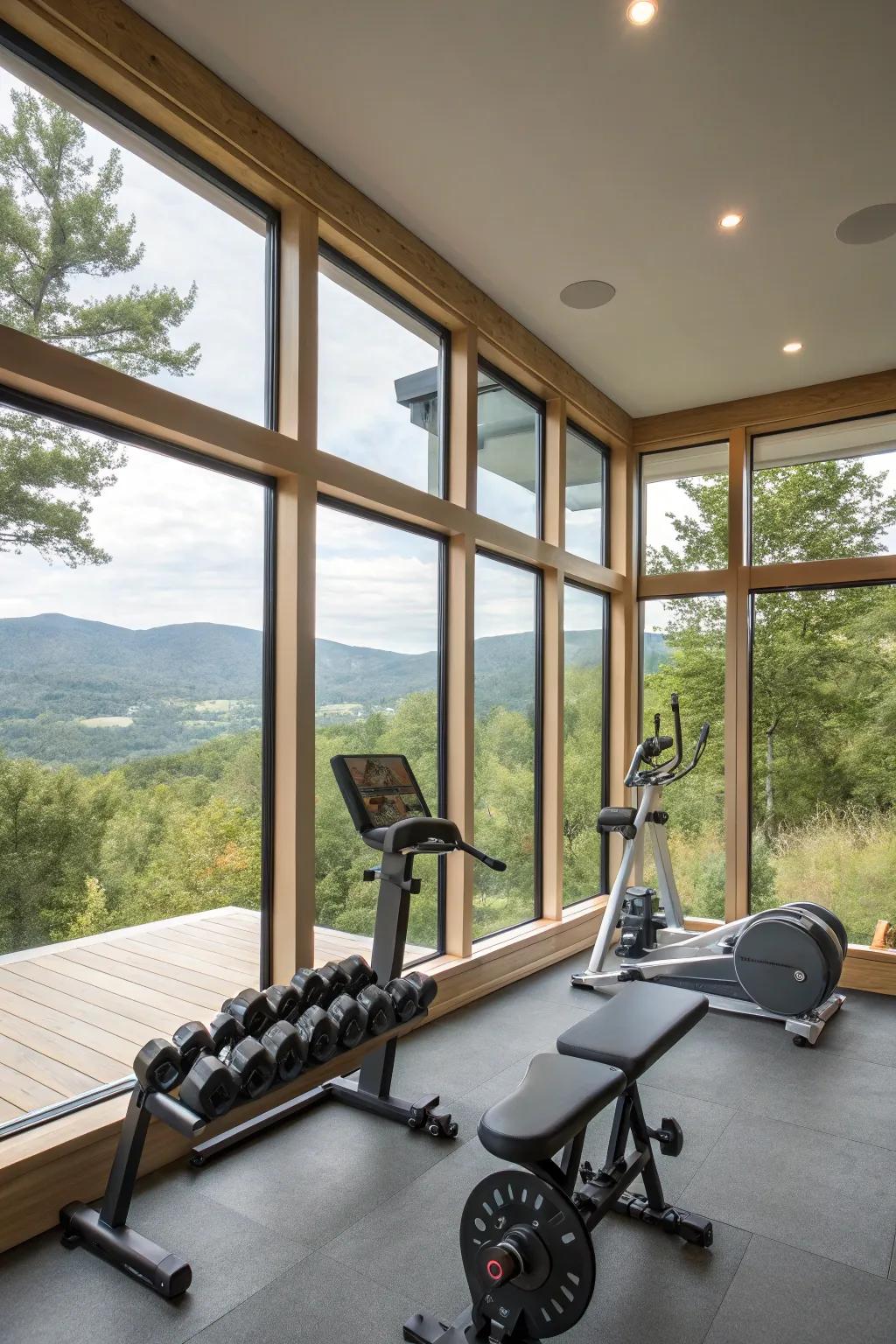 A home gym with breathtaking outdoor views, creating an inspiring workout setting.