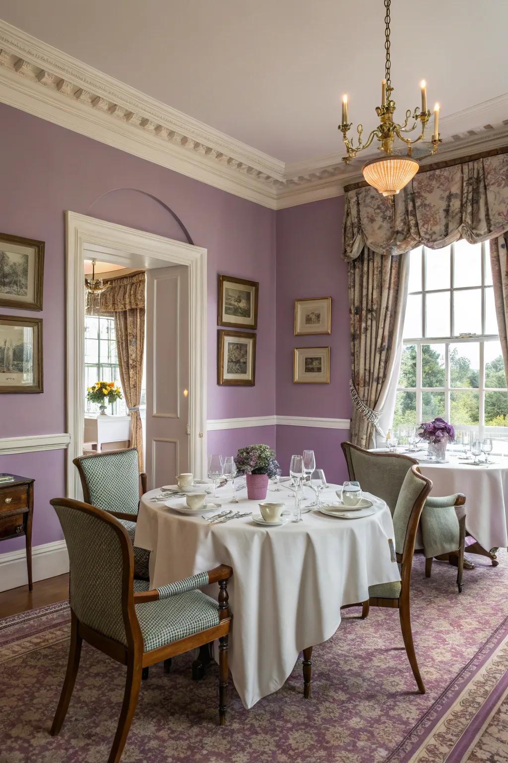 A calming dining room adorned with the elegance of lavender.