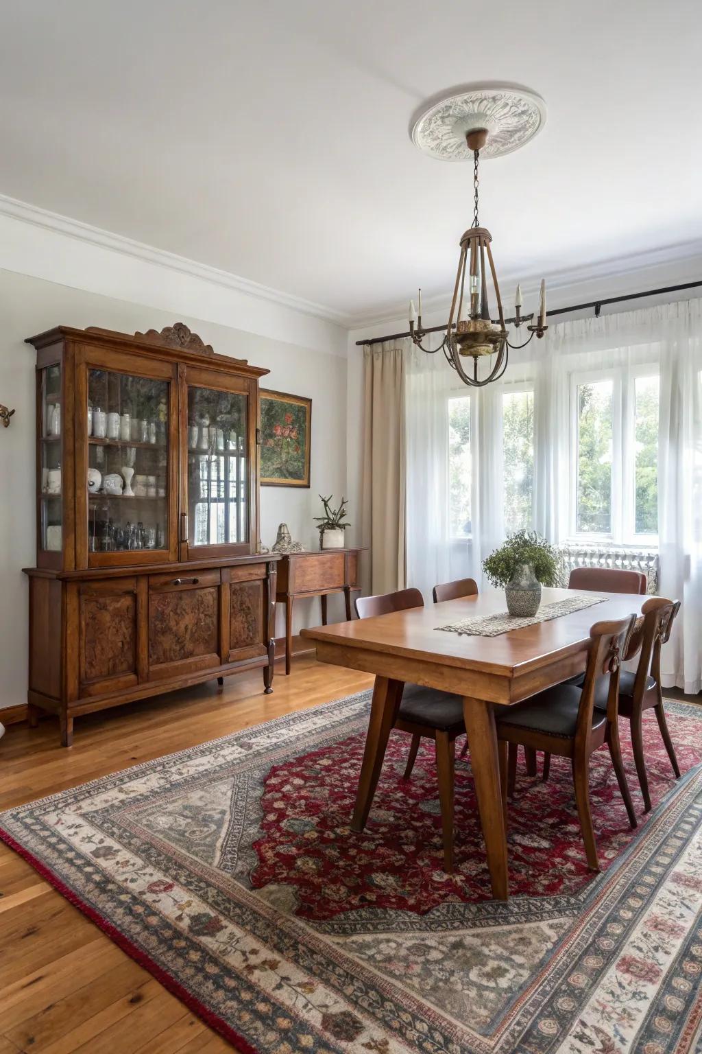 Vintage rugs adding an eclectic and curated feel to the dining room.