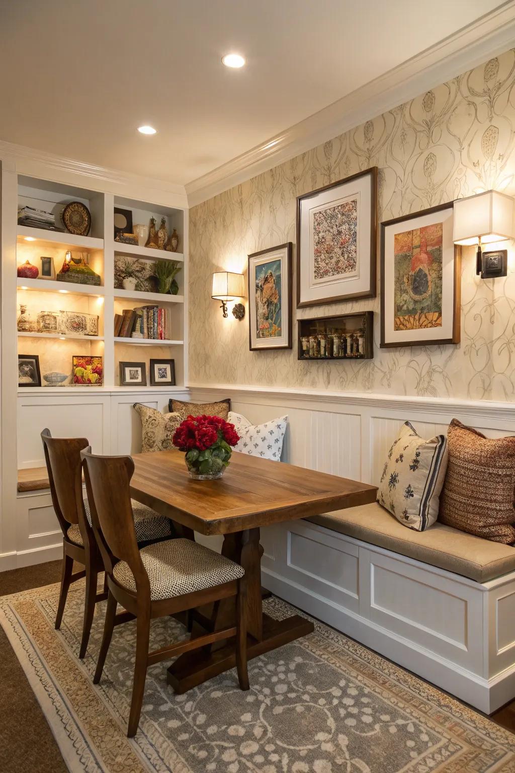 Built-in seating creates a cozy and intimate dining experience.