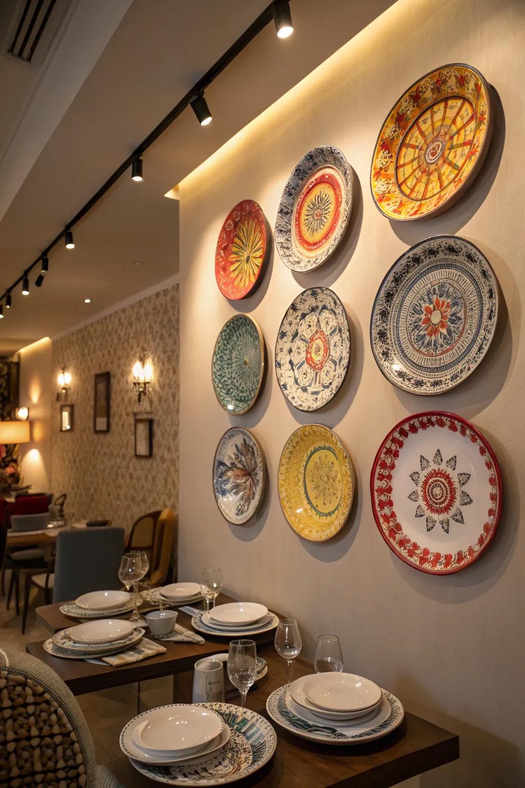 Lighting enhances the beauty and ambiance of plate displays.