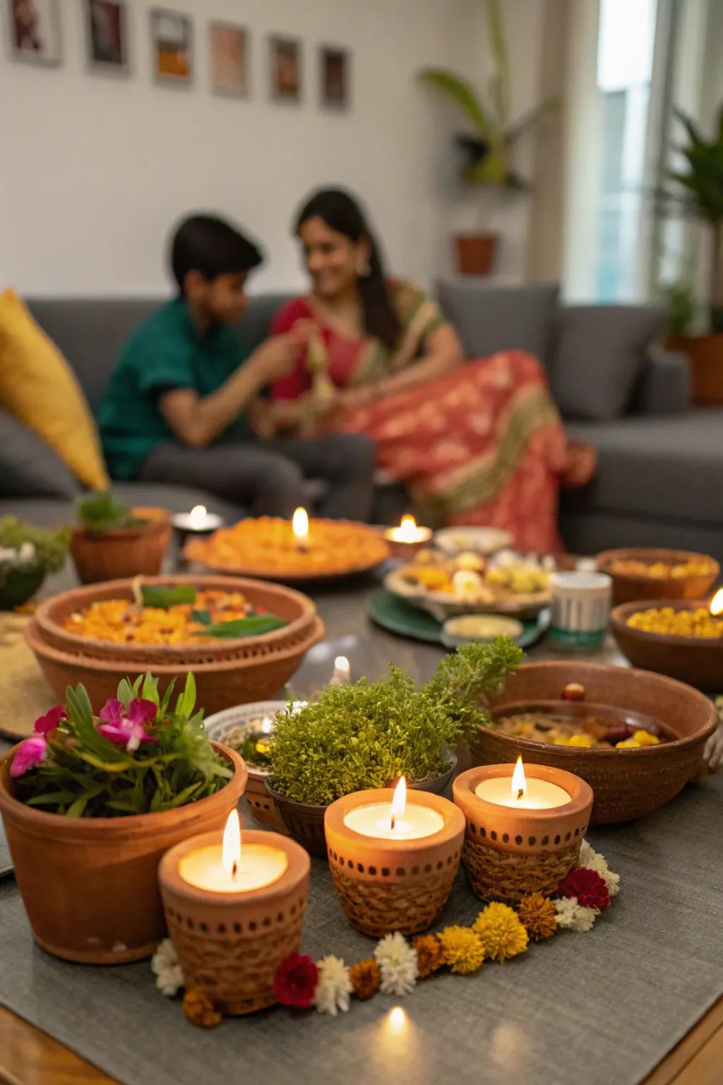 Small planters add a touch of nature and refresh the Diwali table.