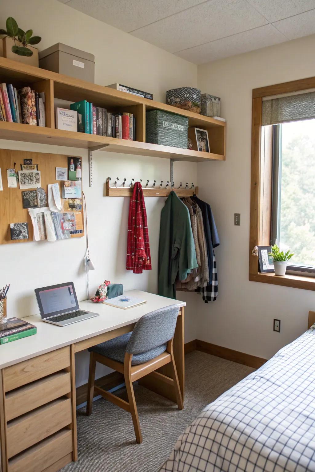 Wall-mounted storage in a dorm room, optimizing space utilization.