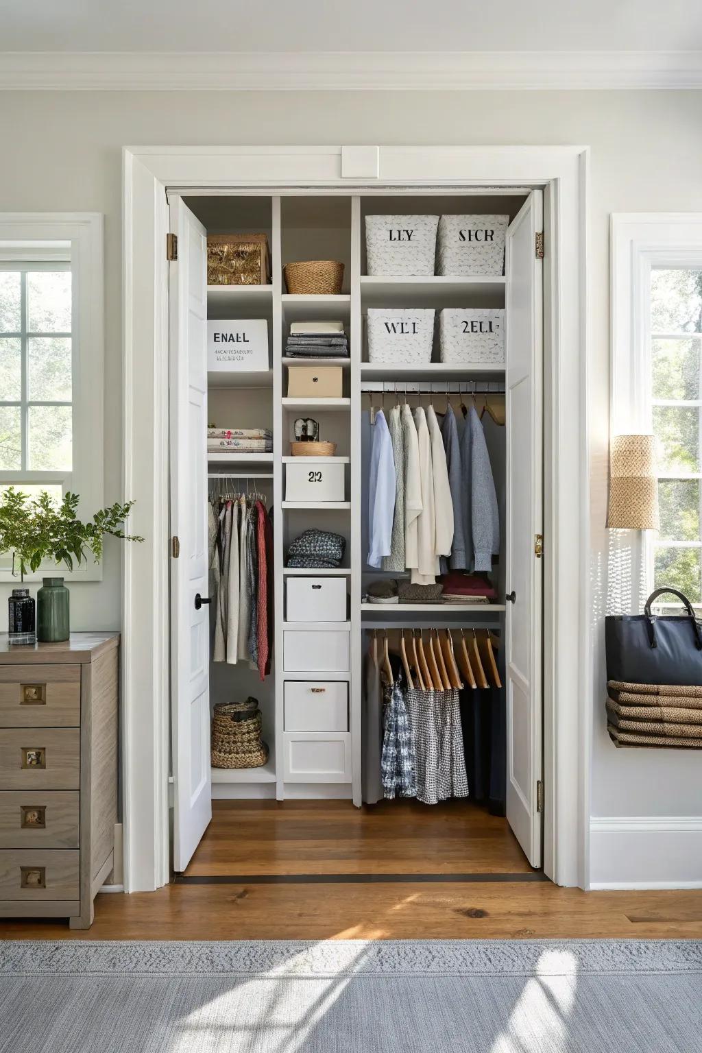 Personalized labeling in a double closet ensures everything is in its place.