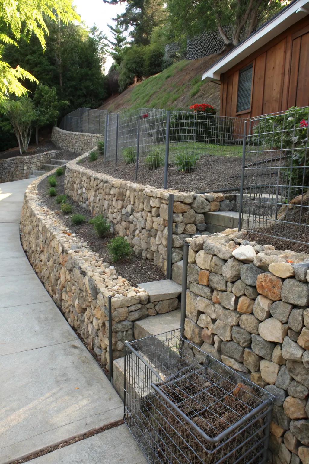 Gabion walls offer a modern and functional solution for stabilizing slopes.