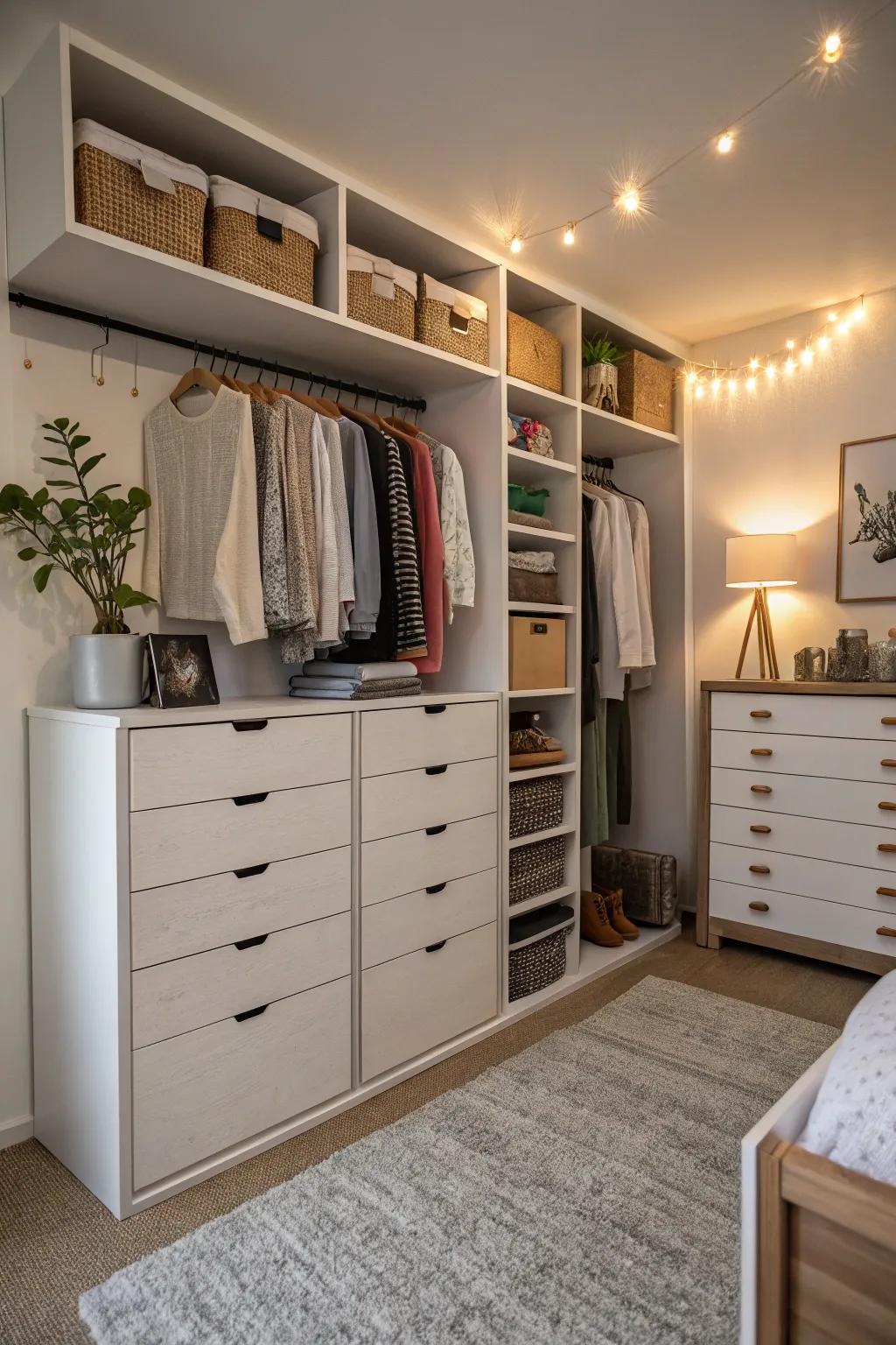 Modular dresser units offering flexible and customizable storage in a small bedroom.