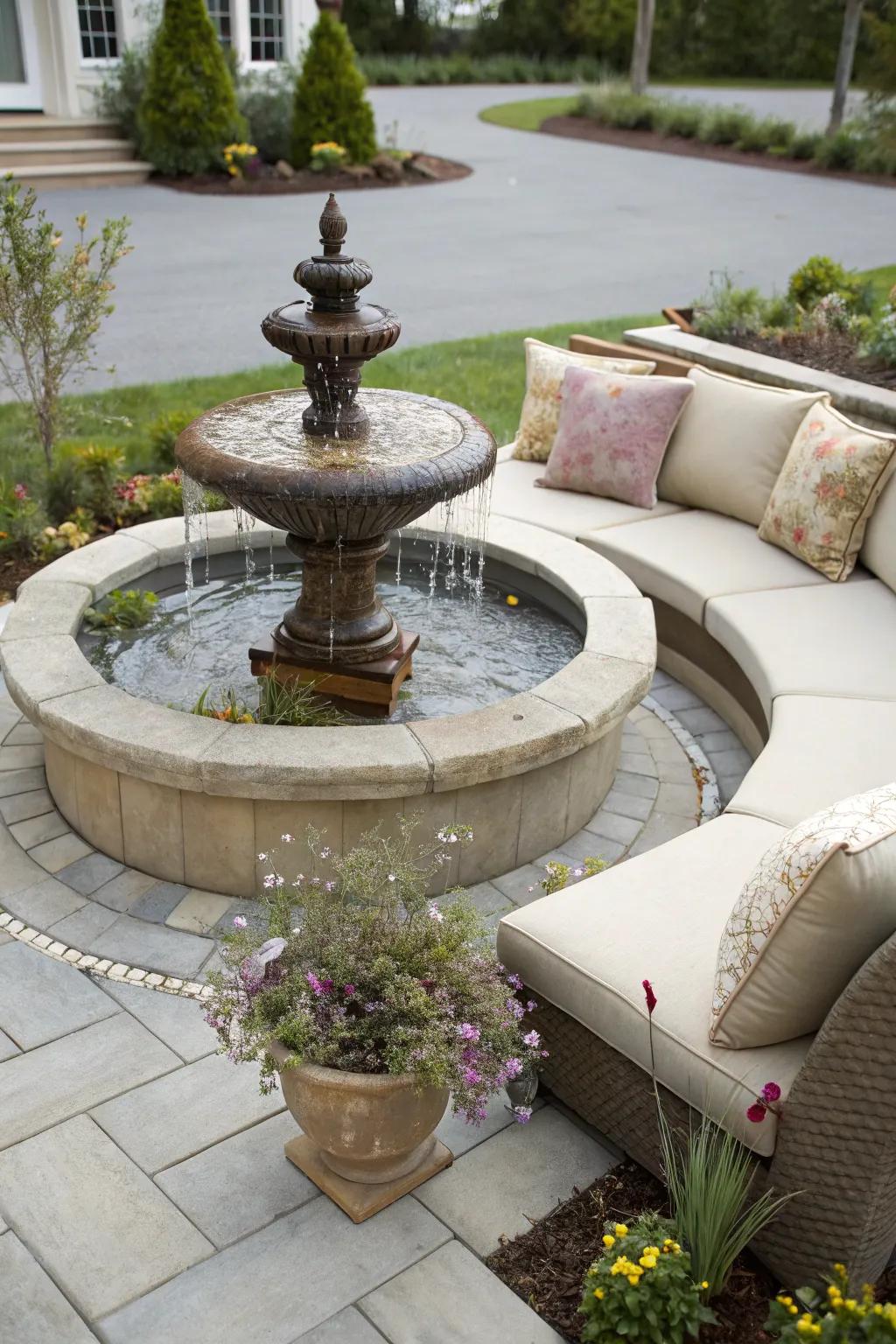 Integrated seating around a fountain invites relaxation.