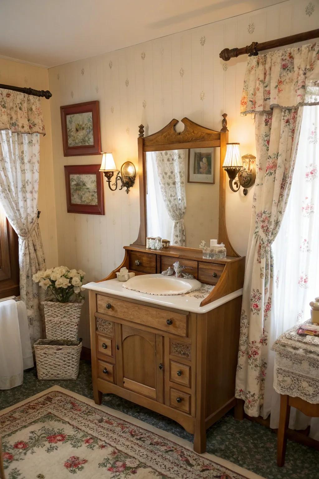 A vintage dry sink becomes a charming vanity with a mirror.