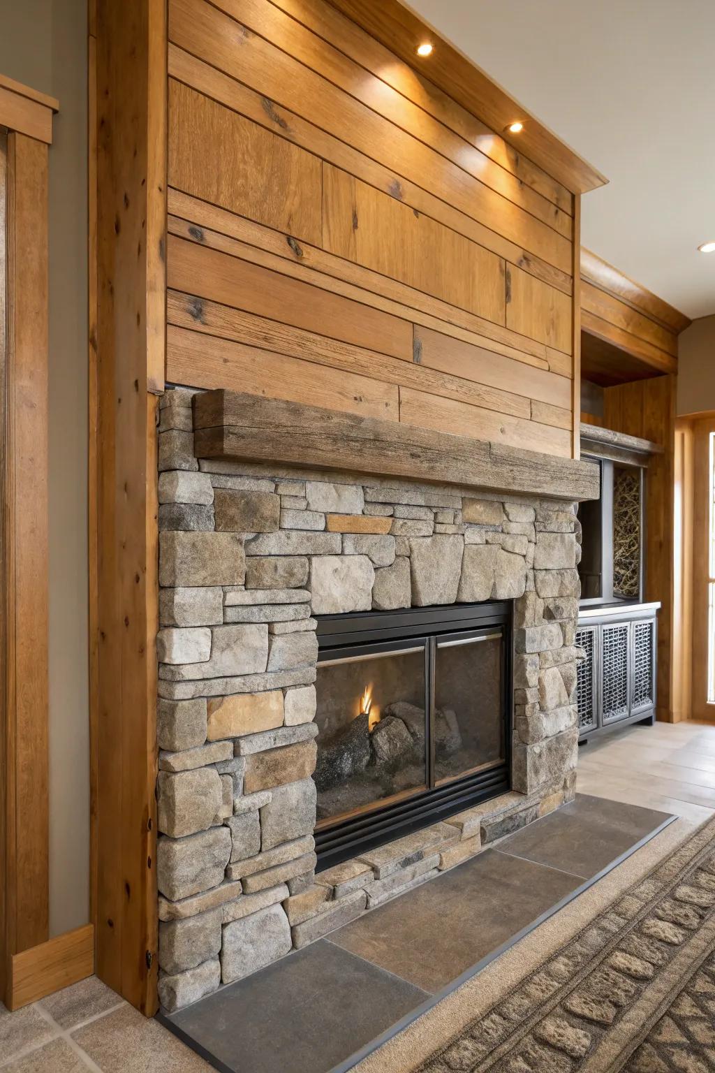 Layering materials adds depth to a drywall fireplace.