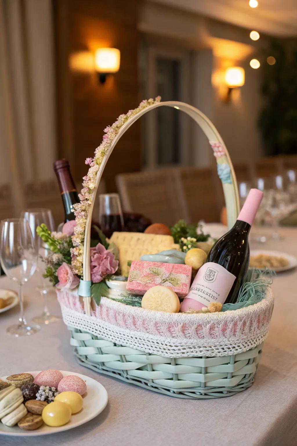 Wine and cheese night Easter basket for a refined celebration.