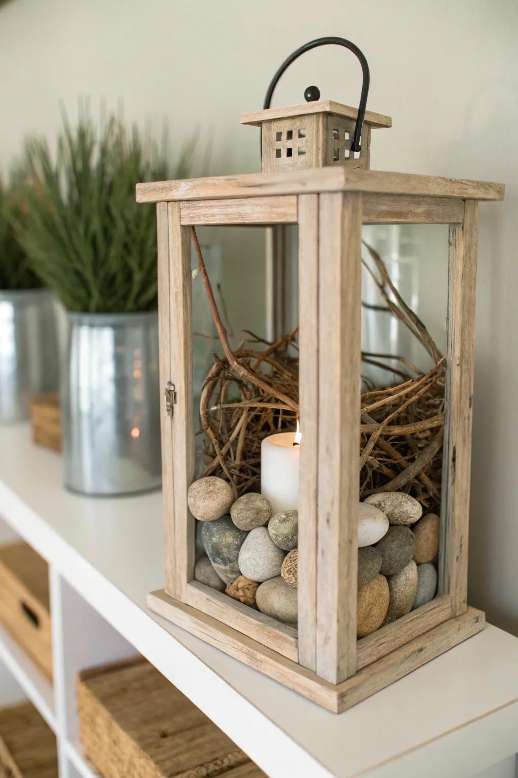 Natural elements create an organic, understated lantern display.