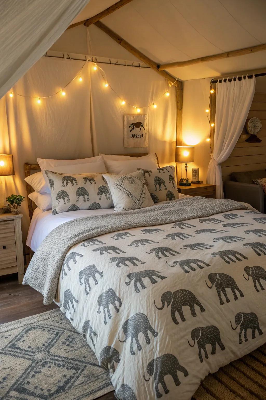 Elephant print bedding creates a serene and stylish bedroom atmosphere.