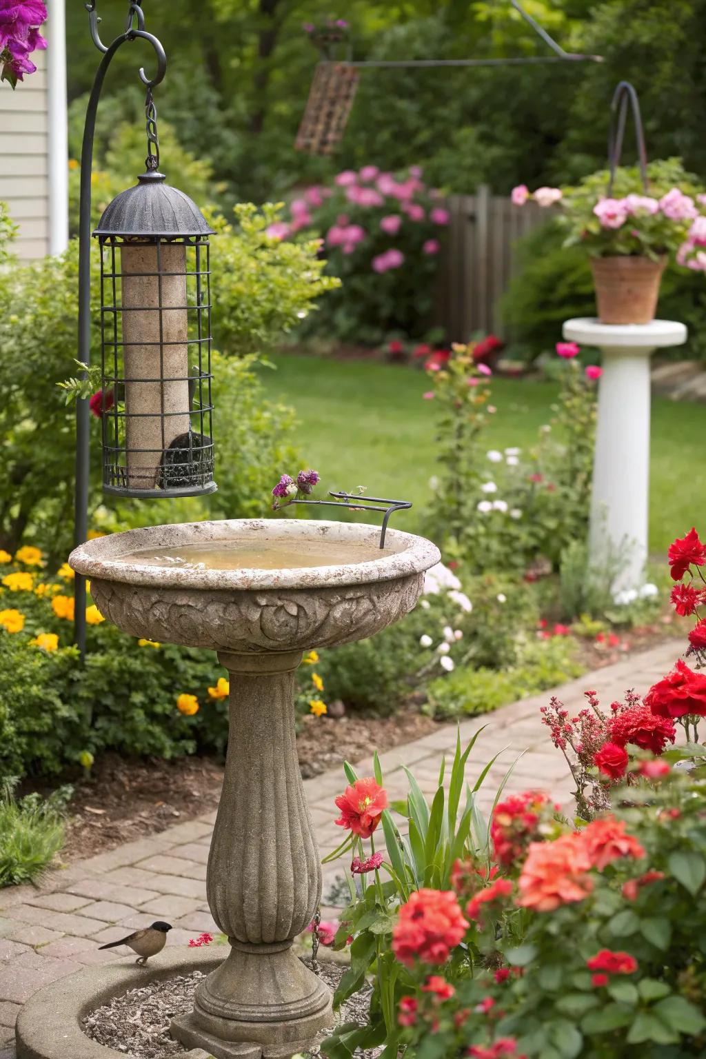 Bird-friendly elements invite nature's choir into the garden.