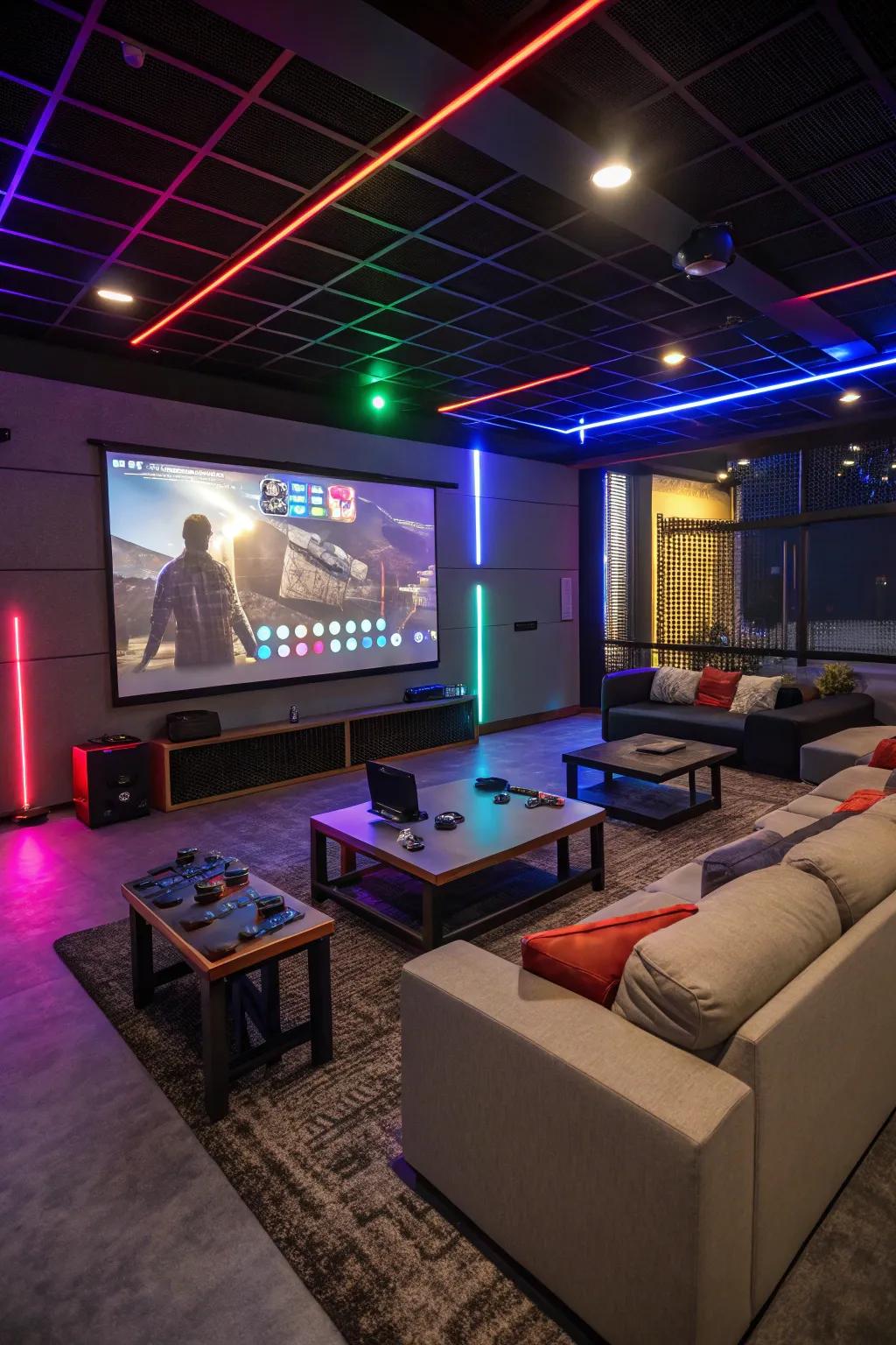 Immerse yourself in entertainment with a multimedia lounge designed for both games and movies.