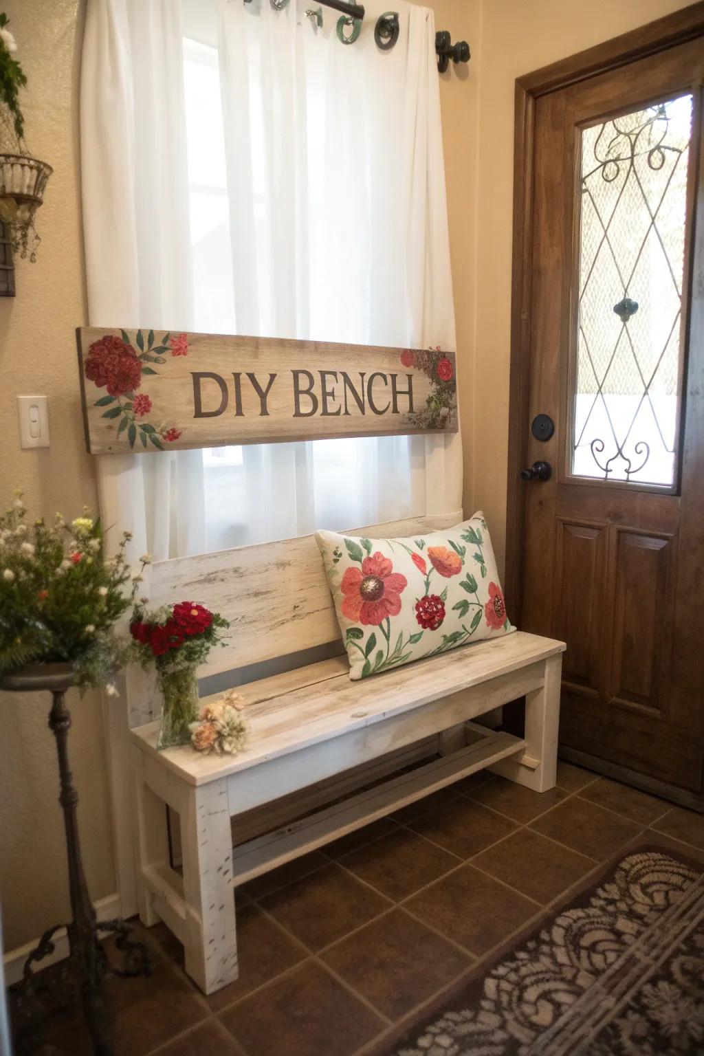 A custom DIY bench adds a personal touch to this unique entryway.