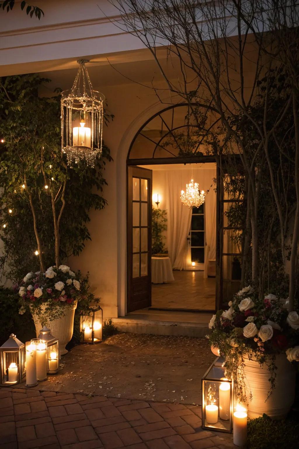 An entryway with candle-style light fixtures providing a warm and romantic glow.