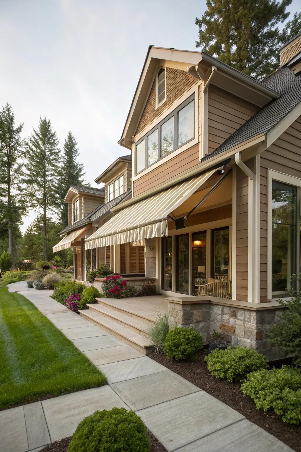 Awnings that harmonize with architecture enhance overall aesthetic.