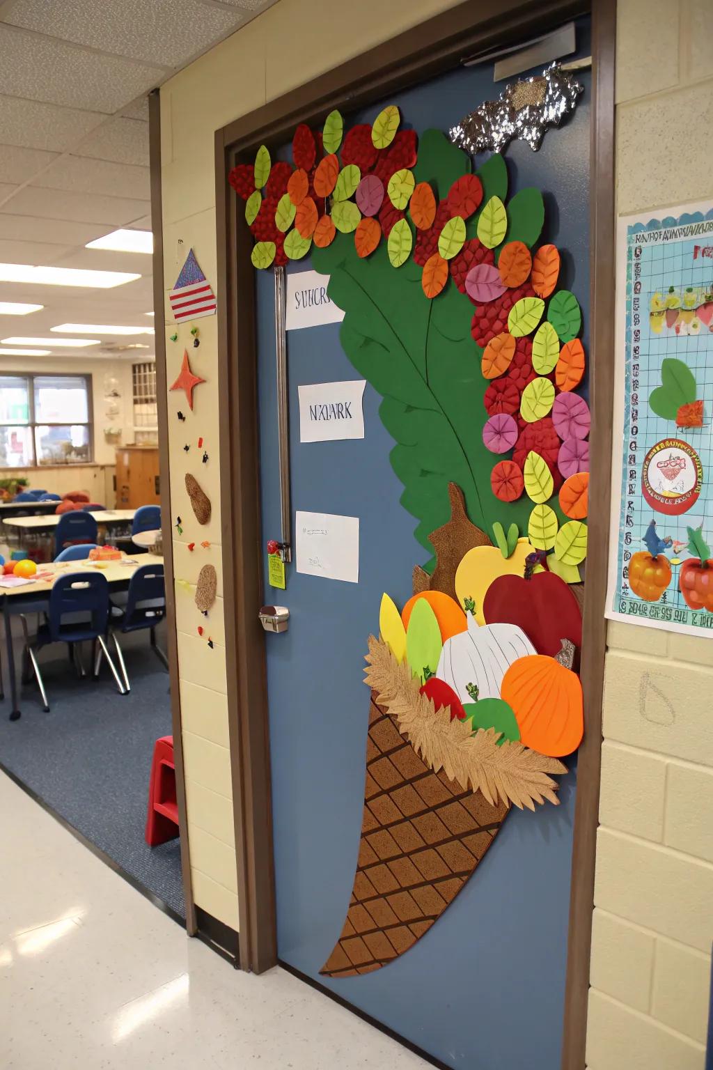 Cornucopia door decor celebrating seasonal abundance.