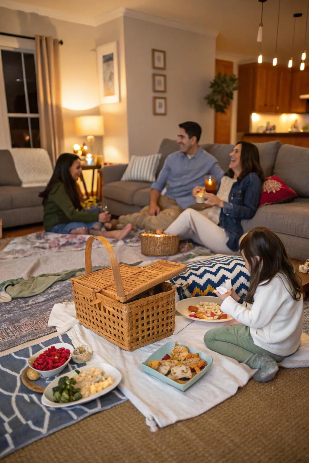 A charming indoor picnic with a cozy ambiance.