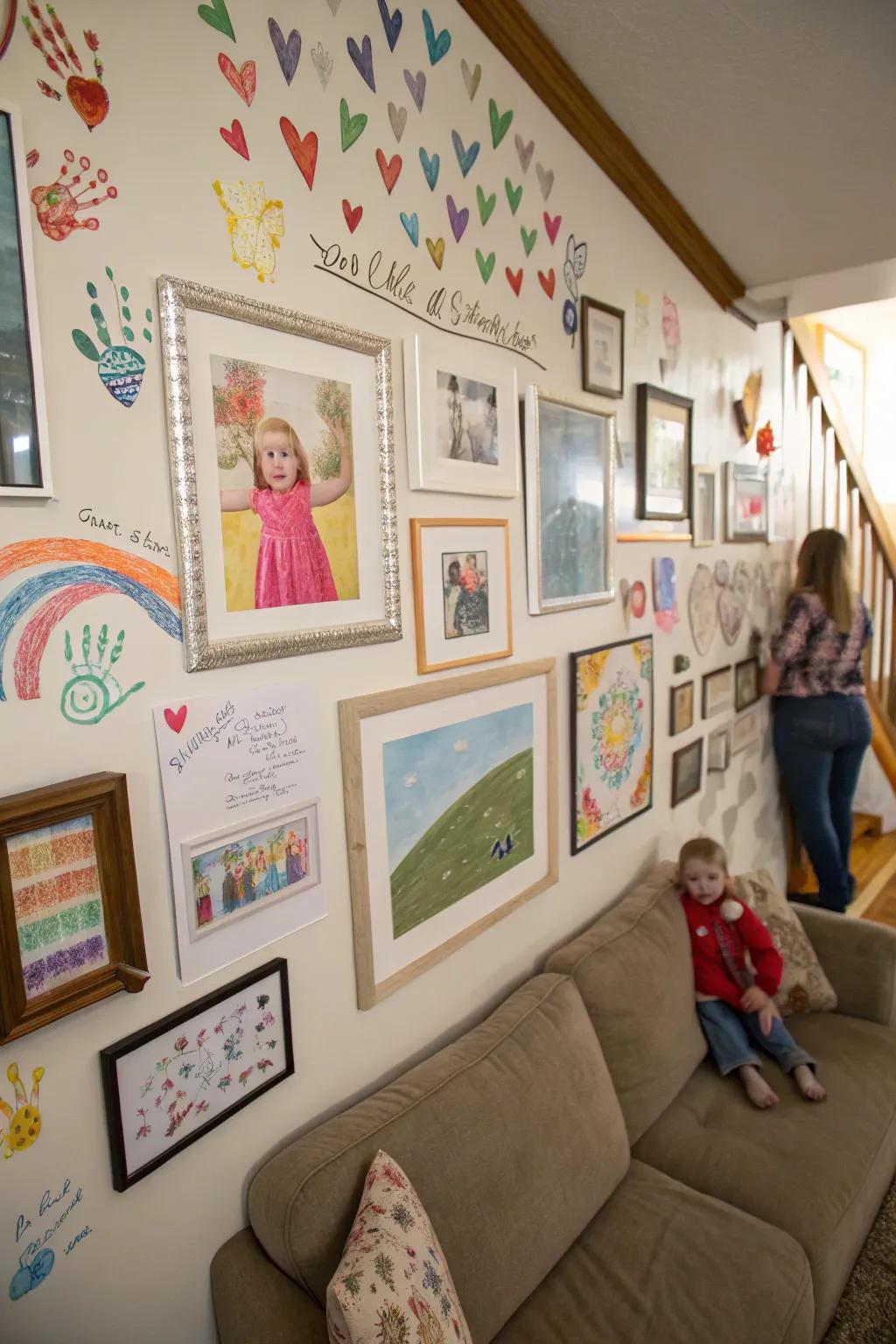 A creative blend of children's artwork and family photos on the wall.