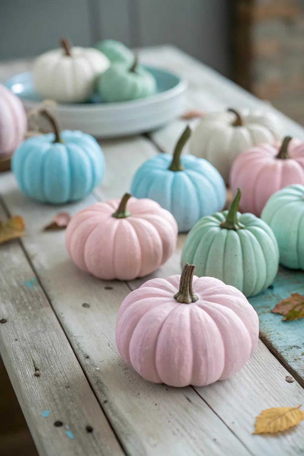 Painted pumpkins in pastel colors add a chic touch.