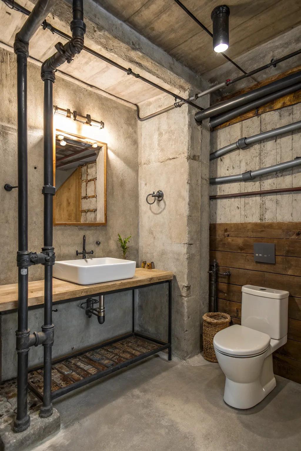 Industrial elements add an unexpected edge to a farmhouse bathroom.