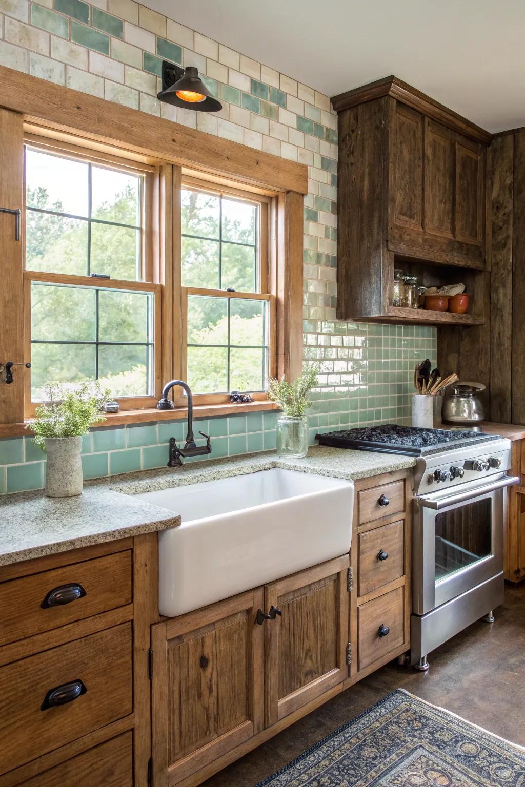 A farmhouse kitchen with rustic finish glass tile backsplash.