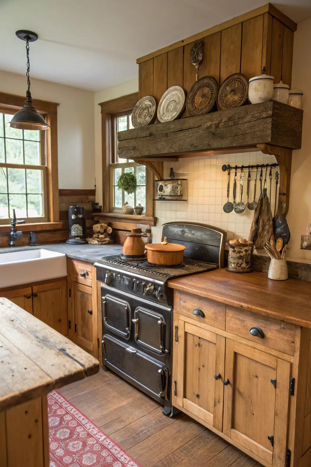 A farmhouse kitchen featuring a butcher block countertop.