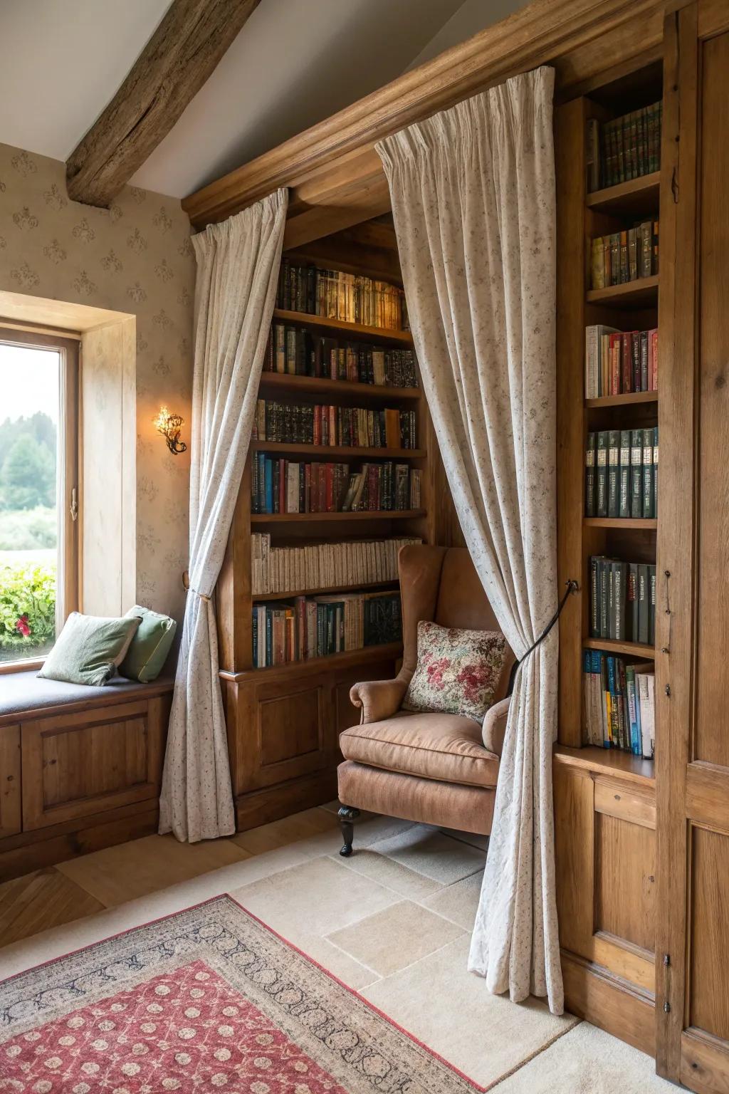 A hidden reading alcove provides a private sanctuary within the library.