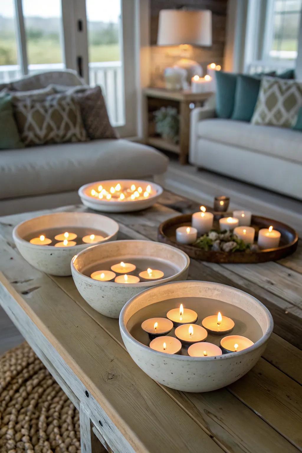 Floating candles in bowls create a serene and beautiful atmosphere.