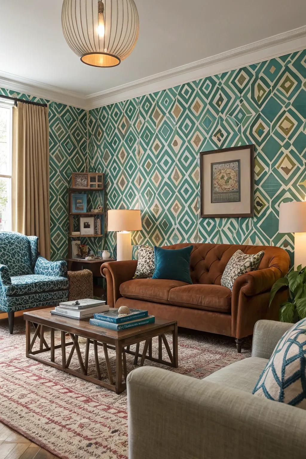 A living room featuring bold and captivating patterned wallpaper.